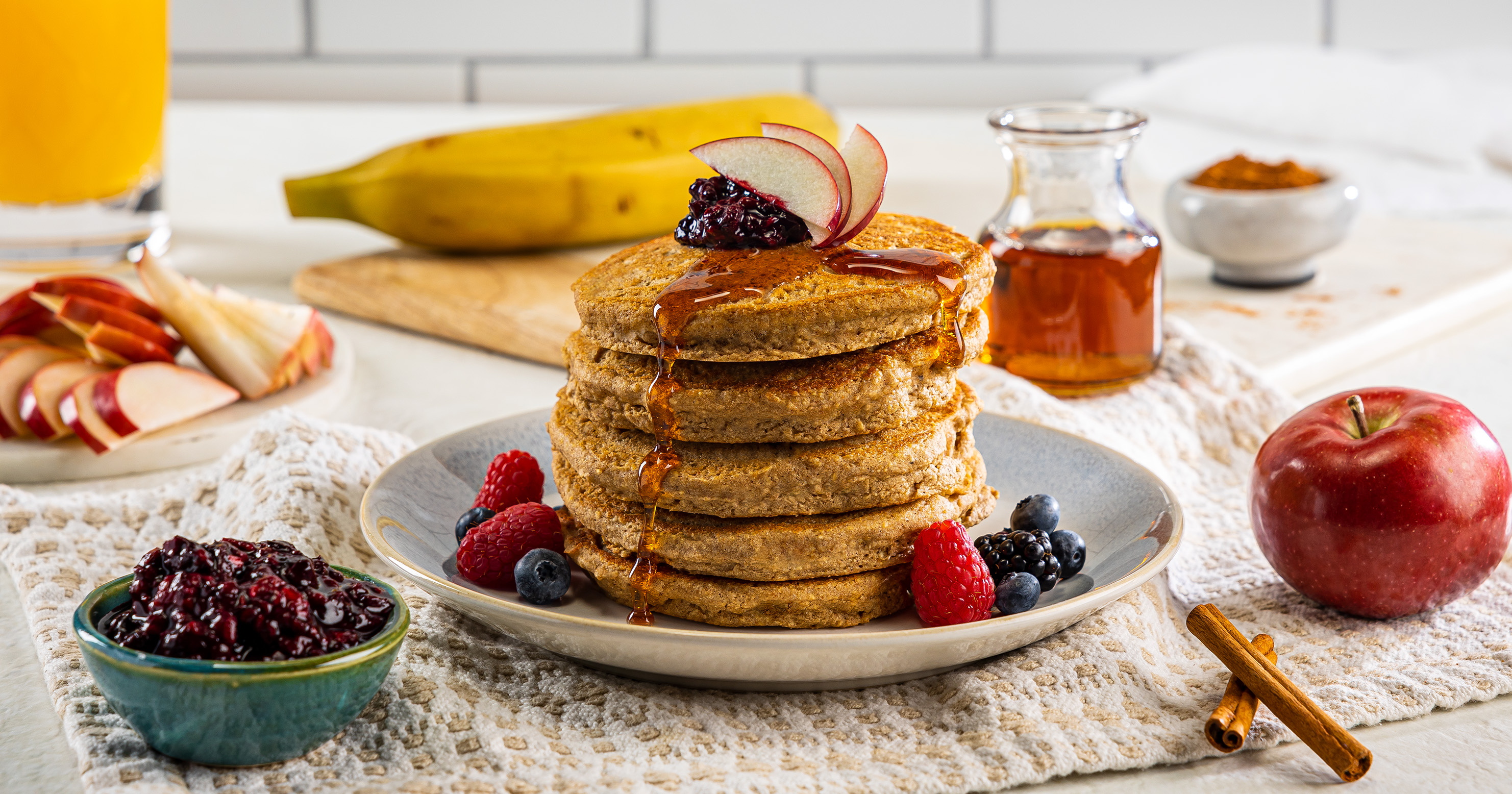 Apple Cinnamon Plantain Pancakes with Berry Compote